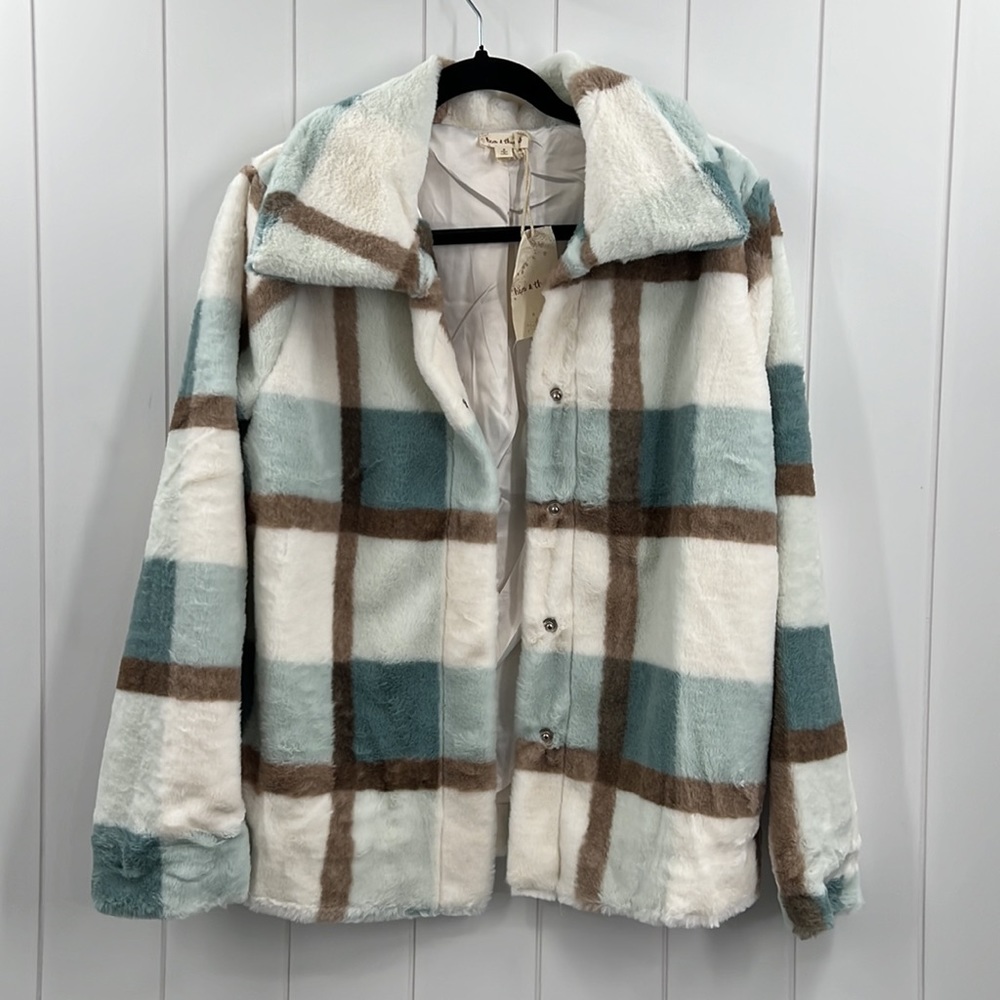 🆕Hem & Thread Fleece Jacket Plaid Colorblock Teal/Robins Egg Blue & Cream NWT - Picture 11 of 13